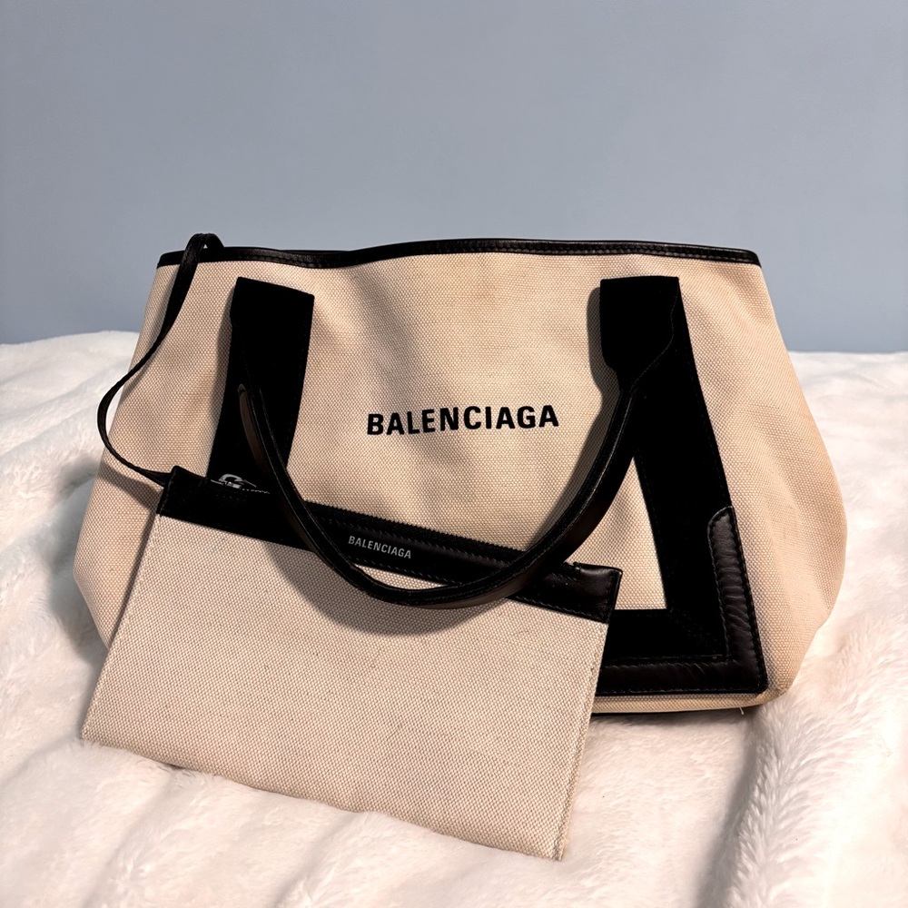BALENCIAGA CABAS Denim Tote Bag Women White Navy Logo